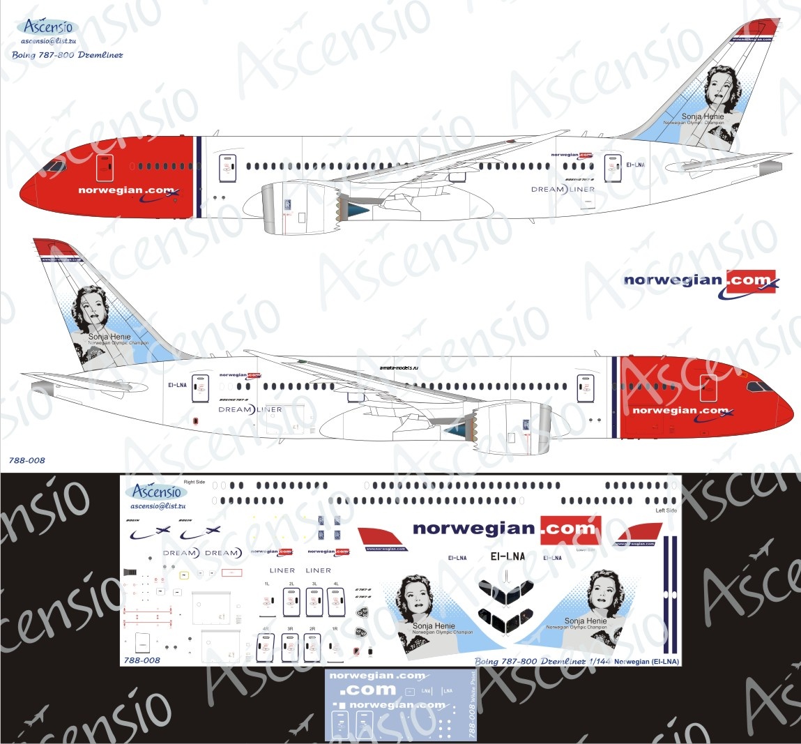 788-008 Декаль для самолета Boeing 787-8 Norwegian 1/144