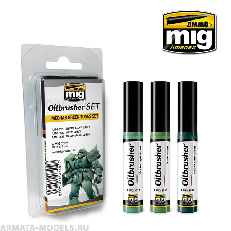 AMIG7509 Ammo Mig Набор масляных красок с тонкой кистью-аппликатором MECHAS GREEN TONES SET