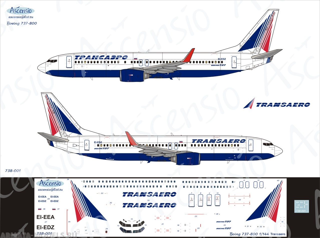 738-001 Декаль для самолета Boeing 737-800 Трансаэро 1/144